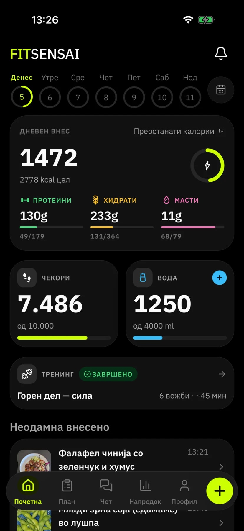 Почетен екран: 1.472 kcal преостанати од 2.778, протеини, хидрати и масти, чекори, вода и завршен тренинг